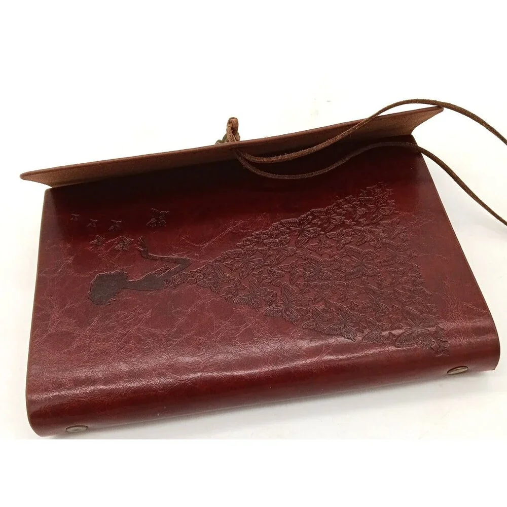 Vtg Burgundy PU Leather Embossed Girl/Butterfly Dress Refillable Journal  NWOT